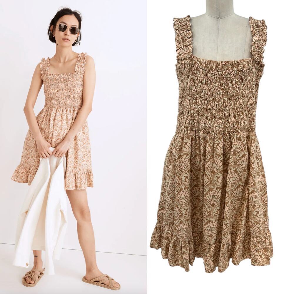 Madewell Linen-Blend Lucie Smocked Tank Mini Dress in Painted Seashells XXL
